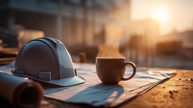 Construction Site Still Life: A construction site comes to a temporary standstill as a worker takes a break, capturing the essence of labor with a cup of coffee and safety helmet at sunset.