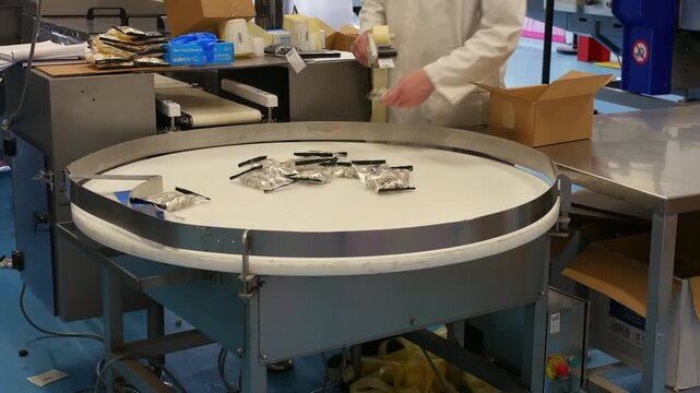A conveyor table in a sweet factory displays packaged confectionery rotating toward a worker in a white coat. The worker holds a tape dispenser and packs products into open cardboard boxes.