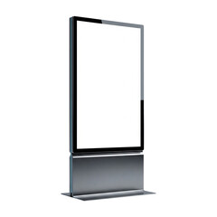 A sleek, modern digital totem with a blank illuminated screen, perfect for outdoor advertising mockups and public information display templates