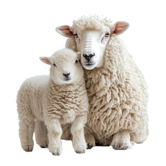 One small lamb and large sheep looking sideways, isolate on transparent white background