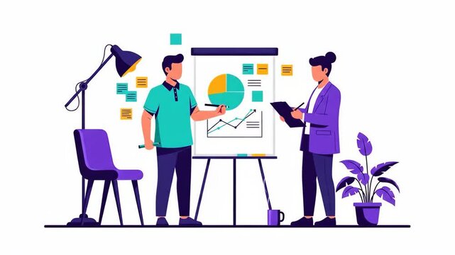 Flat vector of two colleagues are discussing a business plan and analyzing data isolated on white background they are working together in the office business