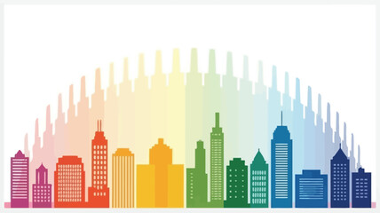 Vibrant rainbow cityscape silhouette with diverse modern skyscrapers against a bright white background