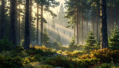 forest with misty morning light filtering through tall pine trees