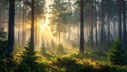 Obraz premium forest with misty morning light filtering through tall pine trees