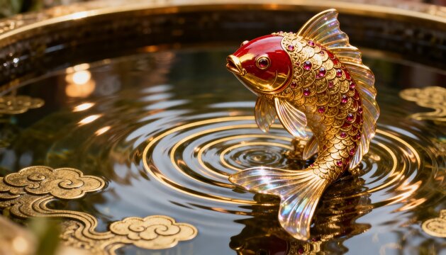 Golden koi fish in serene fountain: A meticulously crafted golden koi fish figurine graces a serene fountain, its presence infusing the scene with tranquility. Evoking a sense of harmony.