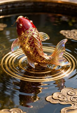 Golden Koi in Tranquil Waters: A stunning golden koi fish rests peacefully, its intricate scales shimmering, floating in calm, clear water surrounded by subtle, artistic wave patterns.