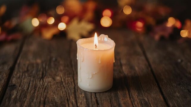 Cozy candle burning on rustic wooden table with soft autumn bokeh flickering in background