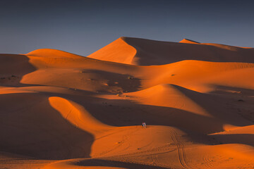 Golden dunes of the Sahara Desert in Morocco at sunset – scenic sand landscape with waves of dunes and dramatic light in North Africa