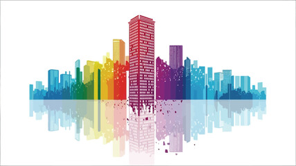 Vibrant abstract cityscape with colorful skyscrapers and their reflections on a white background symbolizing modern architecture and urban diversity