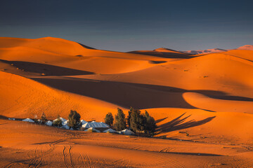 Golden dunes of the Sahara Desert in Morocco at sunset – scenic sand landscape with waves of dunes and dramatic light in North Africa