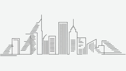 Minimalist architectural line drawing of a modern city skyline with various skyscraper designs against a clean white background