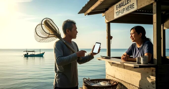 Fisherman Using E-Wallet to Pay at Seaside Stall, Promoting Digital Financial Inclusion