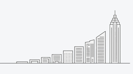 Stylized line art illustration of a growing cityscape with buildings increasing in height from left to right symbolizing progress and development