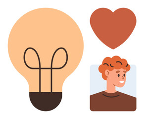Light bulb suggesting creativity, red heart for passion, and a smiling person representing people-centric solutions. Ideal for innovation, design, love, inspiration, self-growth, teamwork
