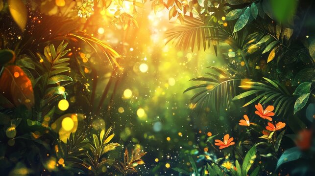 cute and energetic vector backdrop of a morning jungle filled with bright flora, friendly warm colors, and scattered sparkles of morning dew