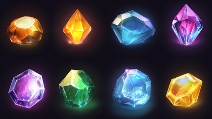 dazzling cartoon gui icons of fantasy gems, soft luminous effects on polished surfaces, floating isolated with slight shadows