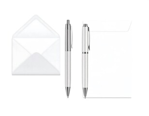 Two white envelopes and two silver pens on white background