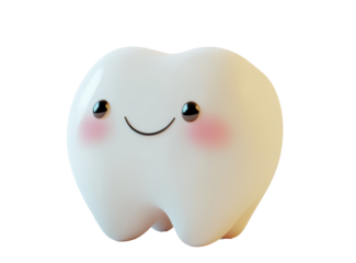 Adorable tooth character with a big smile, rosy cheeks, and playful personality, ideal for kids’ designs PNG format.