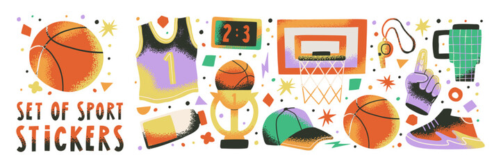 Basketball groovy flat set with retro hand drawn elements for tournament and game, ball, whistle. Dynamic sport illustration with hoop and net for playful design collection
