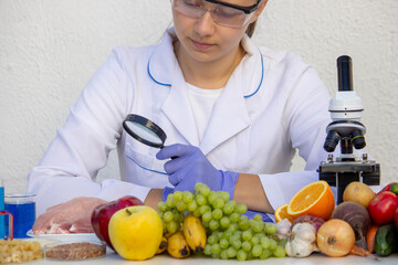 Meat and Food Quality Control Laboratory Testing with a Magnifying Glass