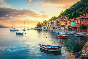 Picturesque coastal village harbor at golden sunset showcasing colorful houses and many boats along tranquil waterfront, idyllic european travel destination.