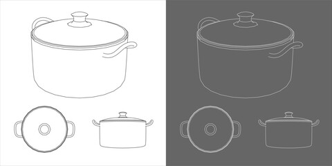 Cooking pot blueprint vector illustration — technical drawing kitchen cookware line art isolated