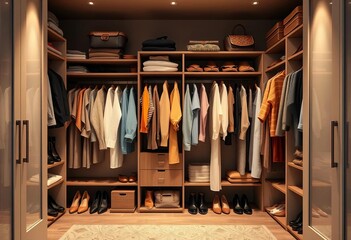 Open wardrobe with neatly organized clothing, shoes, and accessories, asset, symbol