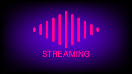 Neon pink streaming text with digital sound wave bars on a dark purple background, symbolizing online media, audio, and live broadcasting