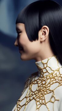Futuristic asian woman with blunt bob haircut in white dress with gold web necklace