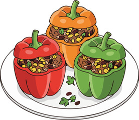 Cartoon Vector Illustration of Stuffed Bell Peppers with Rice and Beans on Plate