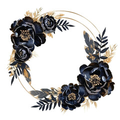 Elegant dark floral wreath with gold accents and feathers, perfect for invitations and decor.