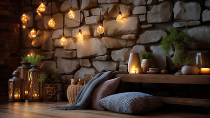 Room with stone walls under soft lighting, highlighting coziness, room soft warmth, wall detail close-up, serene interior scene, calm warm lighting, with copy space
