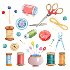 Watercolor Sewing Tools Clipart Set | Tailoring & Embroidery Illustration. Sewing supplies set. Knitting threads watercolor elements set.