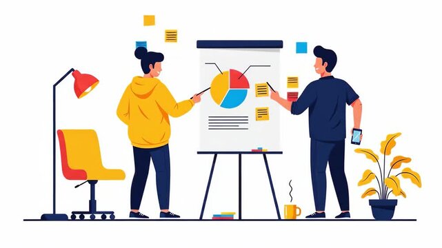 Flat vector of two colleagues are discussing a pie chart on a whiteboard, brainstorming ideas, and working together isolated on white background business