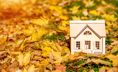 The symbol of the house stands among the fallen autumn leaves