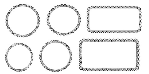Scallop wavy frame set vector illustration isolated on white. Curvy circle, oval, rectangle shape form label.
