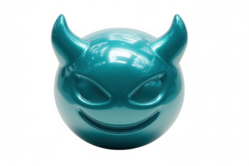 Shiny Teal Devil Face isolated on a transparent background horns smile