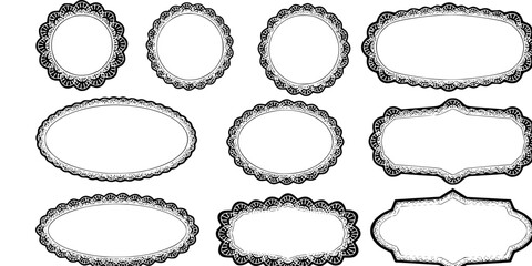 Scallop wavy frame set vector illustration isolated on white. Curvy circle, oval, rectangle shape form label.
