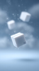 Digital management concept with white delivery box in soft focus return symbol floating in blue background with bokeh light effect