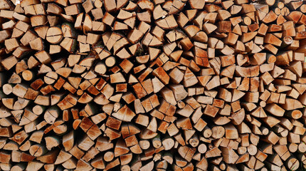Neatly stacked firewood logs with visible tree rings and natural texture, ready for burning.