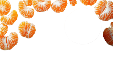 Fresh mandarin orange segments arranged on a PNG, isolated on transparent background.