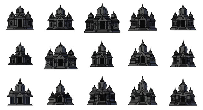 Dark gothic temples stand in rows against a white backdrop, showcasing architectural details and creating a mysterious, imposing atmosphere.