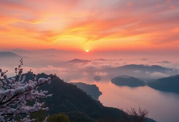 Obraz premium Serene vista of cherry blossoms, misty mountains, and a tranquil lake under a vibrant sunset, calm, flowers