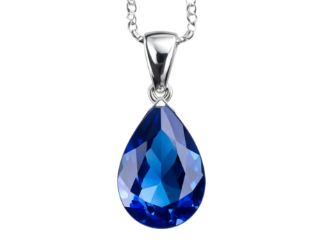 Close-Up of Tear-Drop Pendant Necklace Suspended, Focus on Blue Gemstone, isolated on transparent background.