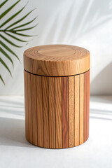 Rustic wooden container with natural grain texture and palm leaf shadow