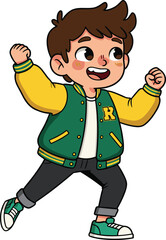 Cartoon boy smiling with raised fists, cheerful child in green jacket, cute character illustration, happy kid celebrating joy, vector design artwork
