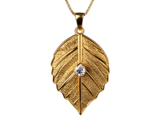 Close-Up of Suspended Gold Leaf Pendant with Diamond Accent, Chain Partially Visible, isolated on transparent background.