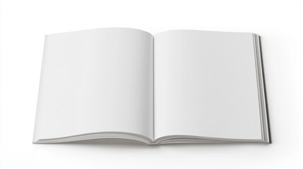 Fototapeta premium Open magazine mockup with blank white pages, centerfold layout, minimalistic style, isolated on white background, perfect for design presentation or advertising concept