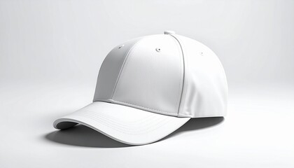 White baseball cap on gray, clean structure and quiet identity.