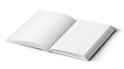 Open magazine mockup with blank centerfold pages on white background, minimalistic and clean design, perfect for showcasing artwork or editorial layouts, isolated and high fidelity
